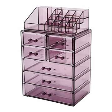 ZHIAI Cosmetic Makeup and Jewelry Storage Case Display - Spacious Design - Great for Bathroom, Dresser, Vanity and Countertop (1 Top 7 Drawers, Purple)