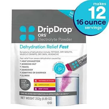 DripDrop ORS - BIG Sticks - Electrolyte Powder For Dehydration Relief Fast - For Workout, Sweating, Heat, & Travel Recovery - Watermelon, Berry, Lemon Variety Pack - 12 x 16oz Servings