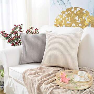 MERNETTE Pack of 2, Corduroy Soft Decorative Square Throw Pillow Cover Cushion Covers Pillowcase, Home Decor Decorations for Sofa Couch Bed Chair 18x18 Inch/45x45 cm (Striped Light Grey)