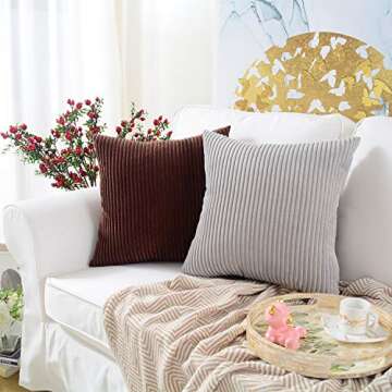 MERNETTE Pack of 2, Corduroy Soft Decorative Square Throw Pillow Cover Cushion Covers Pillowcase, Home Decor Decorations for Sofa Couch Bed Chair 18x18 Inch/45x45 cm (Striped Light Grey)