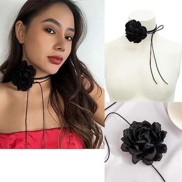 yfstyle Flower Choker for Women Rose Choker Necklace Big Flower Velvet Choker Floral Choker Rose Flower Choker Lace Choker Women's Choker Necklaces Bride Wedding Party Summer Necklaces-2pcs Band W