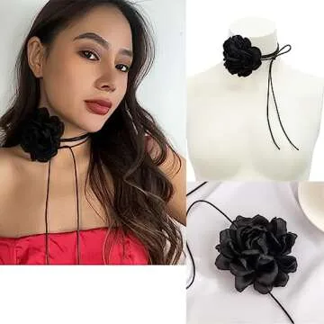 yfstyle Flower Choker for Women Rose Choker Necklace Big Flower Velvet Choker Floral Choker Rose Flower Choker Lace Choker Women's Choker Necklaces Bride Wedding Party Summer Necklaces-2pcs Band W