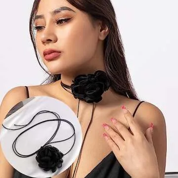 yfstyle Flower Choker for Women Rose Choker Necklace Big Flower Velvet Choker Floral Choker Rose Flower Choker Lace Choker Women's Choker Necklaces Bride Wedding Party Summer Necklaces-2pcs Band W