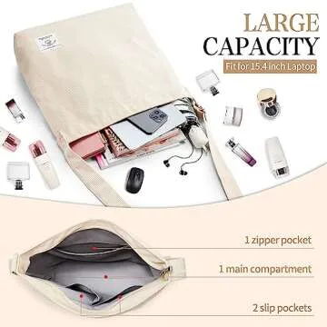 KALIDI Corduroy Tote Bag for Women Casual Zipper Tote Handbag Large Crossbody Hobo Shoulder Bag Fashion Shopper Women Work Tote Purse, Cream White