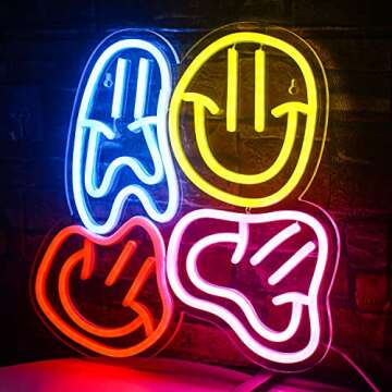 FAXFSIGN Smile Faces Neon Sign Led Colorful Distorted Happy Faces Neon Light Signs for Wall Decor Usb Light Up Signs for Kids Bedroom Aesthetic Preppy Room Decor Party Decoration Teens Gifts