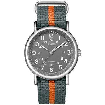 Timex Unisex Weekender 38mm Watch – Silver-Tone Case Gray Dial with Gray & Orange Fabric Slip-Thru...