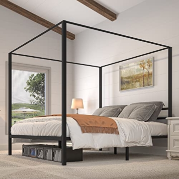 YITAHOME Black Metal 4 Poster Canopy Bed Frame with Headboard, Mattress Foundation with Wooden Slats...