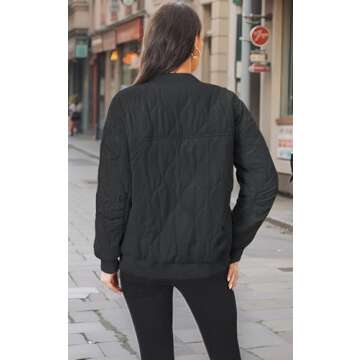 Angashion Women's Qulited Lightweight Jackets - Casual Bomber Coat Full Zipper Long Sleeve Button Winter Dolman Outerwear Black Small