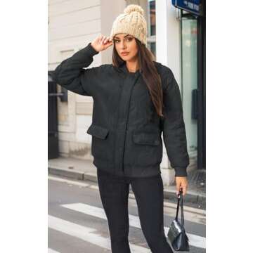 Angashion Women's Qulited Lightweight Jackets - Casual Bomber Coat Full Zipper Long Sleeve Button Winter Dolman Outerwear Black Small