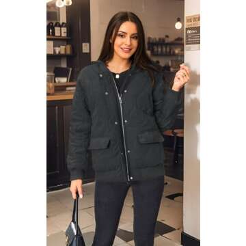 Angashion Women's Qulited Lightweight Jackets - Casual Bomber Coat Full Zipper Long Sleeve Button Winter Dolman Outerwear Black Small