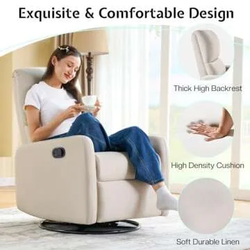 Jocisland Nursery Glider Chairs, Swivel Rocking Chair, Massage Rocker Recliner with High Back for Living Room Bedroom, Comfy Upholstered Modern Nursing Reclining Single Sofa (Linen, Beige)