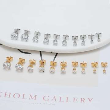 KANOUE 10 Pairs Silver and Gold Stud Earrings Set, Hypoallergenic Earrings for Women Studs Set, Stainless Steel Earrings, Cubic Zirconia Earrings Studs for Women