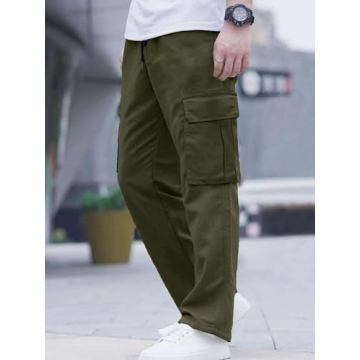 Comdecevis Men's Casual Cargo Pants Workout Joggers Stretch Sweatpants Hiking Drawstring Tactical Pants with Multi Pockets Army Green