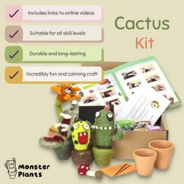 Woolbuddy Needle Felting Kit - Cactus Succulent Monster Design for Beginners Adult, Includes Wool, Supplies, 4 Clay Pots and Clear Instructions