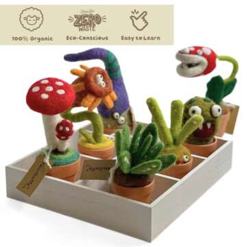 Woolbuddy Needle Felting Kit - Cactus Succulent Monster Design for Beginners Adult, Includes Wool, Supplies, 4 Clay Pots and Clear Instructions