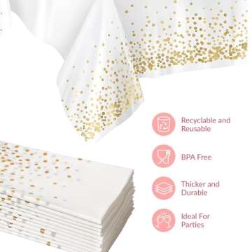 Prestee White and Gold Tablecloths, 4pk, 54x108 Inches - Party Table Cloths Disposable - Gold Dot Disposable Tablecloths - Plastic Table Cloth - Engagement Party Decorations, Baptism Decorations