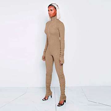 XLLAIS Women's Long Sleeve Zipper Bodycon Jumpsuit - Stylish Activewear in Khaki