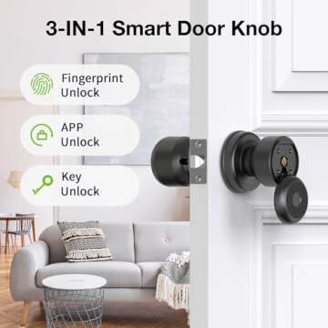 GHome Smart Door Knob Fingerprint Door Lock, Biometric Smart Lock for Bedroom Door, App Control, Emergency Type-C Charging, Great for Home, Offices, Hotels, Apartments, Garages, Matte Black