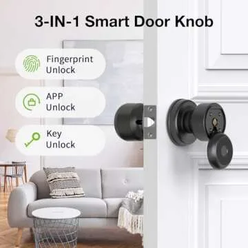 GHome Smart Door Knob Fingerprint Door Lock, Biometric Smart Lock for Bedroom Door, App Control, Emergency Type-C Charging, Great for Home, Offices, Hotels, Apartments, Garages, Matte Black