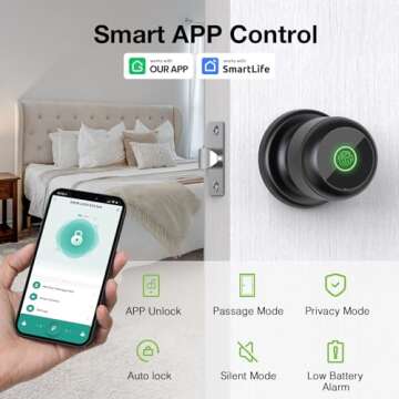 GHome Smart Door Knob Fingerprint Door Lock, Biometric Smart Lock for Bedroom Door, App Control, Emergency Type-C Charging, Great for Home, Offices, Hotels, Apartments, Garages, Matte Black
