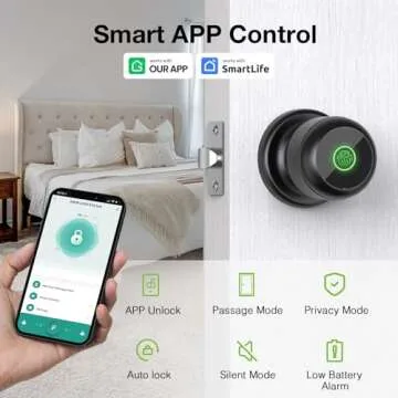 GHome Smart Door Knob Fingerprint Door Lock, Biometric Smart Lock for Bedroom Door, App Control, Emergency Type-C Charging, Great for Home, Offices, Hotels, Apartments, Garages, Matte Black
