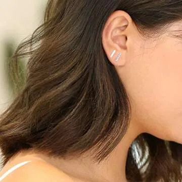 Sllaiss 2 Pairs 925 Sterling Silver Tiny Bar Stud Earrings for Women Men White Gold Plated CZ Bar Earrings Set Rectangle Line Earrings Huggie Cartilage Silver