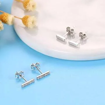 Sllaiss 2 Pairs 925 Sterling Silver Tiny Bar Stud Earrings for Women Men White Gold Plated CZ Bar Earrings Set Rectangle Line Earrings Huggie Cartilage Silver