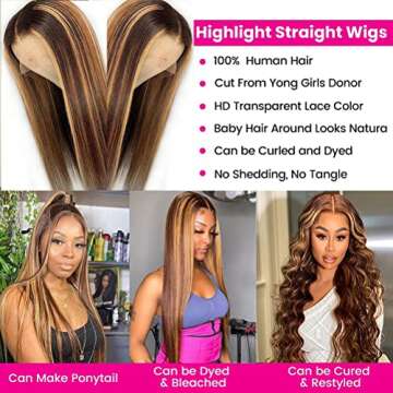 4/27 Highlight Lace Front Wigs Human Hair 13x4 Human Hair Wigs Ombre Brown Honey Blonde180% Density Straight Human Hair Wigs Highlight Human Hair Wigs Virgin Hair for Black Women (30 Inch)