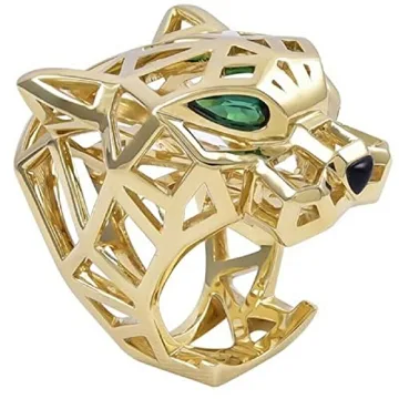 14K Yellow Gold Finish Round Cut Green Emerald Panther Face Ring for Men
