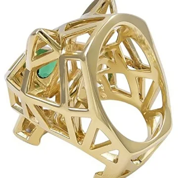 14K Gold Panther Face Ring with Green Emerald for Men