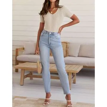 ZESICA Women's Short Sleeve T Shirts 2024 Summer V Neck Tops Casual Ribbed Knit Slim Fit Basic Tees,Sand,Medium