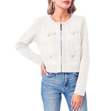 Esobo Womens Knit Cardigan Sweaters Open Front Long Sleeve Cropped Trendy Jacket Outerwear(White,Large)