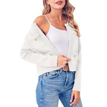 Esobo Womens Knit Cardigan Sweaters Open Front Long Sleeve Cropped Trendy Jacket Outerwear(White,Large)