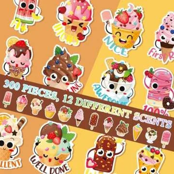 300 Pcs Scratch and Sniff Sticker for Kids Smelly Scented Motivational Stickers Reward Stickers Teacher Stickers Incentive Positive Stickers for Student Classroom Chart School Supplies (Ice Cream)