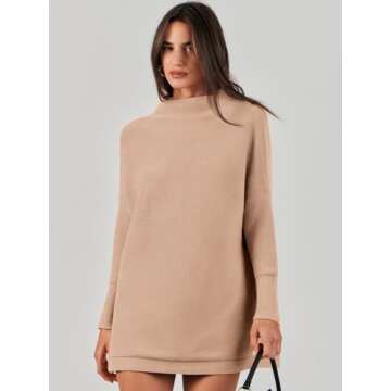 ANRABESS Women Oversized Casual Loose Turtleneck Long Sleeve Slouchy Baggy Knit Tunic Sweaters Pullover 2024 Fall Outfits Khaki Medium