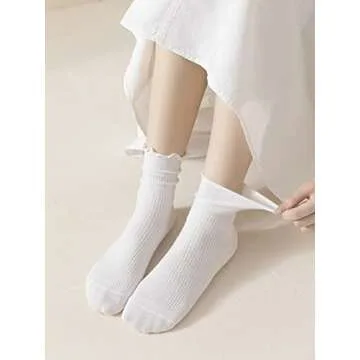 ACCFOD White Ruffle Socks for Women, Cute Frilly Ankle Socks Quarter Crew Socks for Women Girl - White 6 Pair