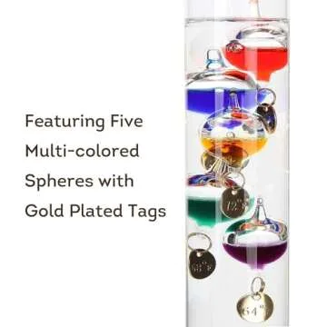 Lily's Home Glass Galileo Thermometer, A Timeless Design That Measures Temperatures from 64ºF to 80ºF, 5 Multi-Colored Spheres (11 Inches)