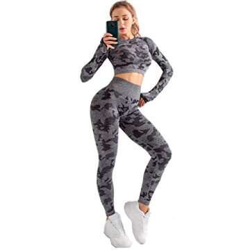 MANON ROSA Workout Sets Women 3 Piece Gym Outfit Seamless Yoga Long Sleeve Crop Top Legging Exercise Fitness Camouflage Grey Small