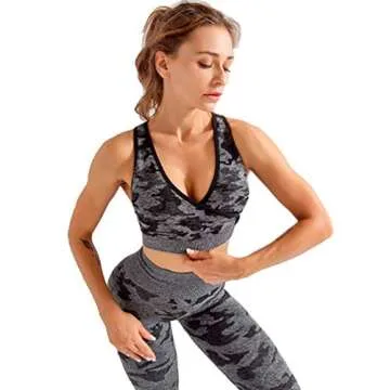 MANON ROSA Workout Sets Women 3 Piece Gym Outfit Seamless Yoga Long Sleeve Crop Top Legging Exercise Fitness Camouflage Grey Small