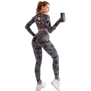 MANON ROSA Workout Sets Women 3 Piece Gym Outfit Seamless Yoga Long Sleeve Crop Top Legging Exercise Fitness Camouflage Grey Small