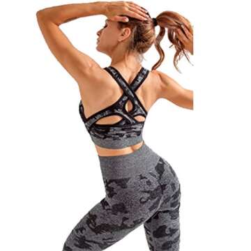 MANON ROSA Workout Sets Women 3 Piece Gym Outfit Seamless Yoga Long Sleeve Crop Top Legging Exercise Fitness Camouflage Grey Small