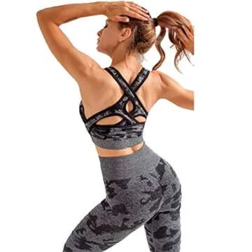 MANON ROSA Workout Sets Women 3 Piece Gym Outfit Seamless Yoga Long Sleeve Crop Top Legging Exercise Fitness Camouflage Grey Small