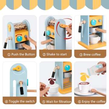ICEKO Wooden Toy Coffee Maker Set with Grinder - 11pcs Realistic Play Kitchen Accessories for Kids - Pretend Play Toys - Kitchen Playset for Girls and Boys