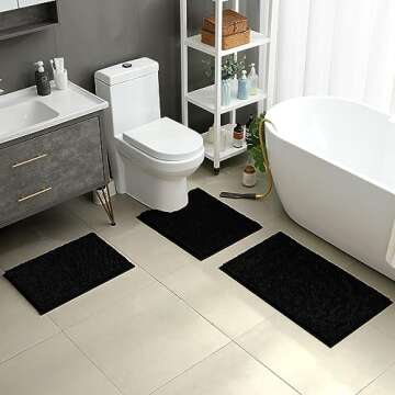 HOMEIDEAS 3 Pieces Bathroom Rugs, Ultra Soft Non Slip Absorbent Chenille Toilet Bath Mat Set (Black)