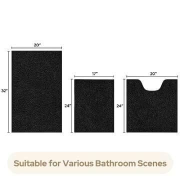 HOMEIDEAS 3 Pieces Bathroom Rugs, Ultra Soft Non Slip Absorbent Chenille Toilet Bath Mat Set (Black)