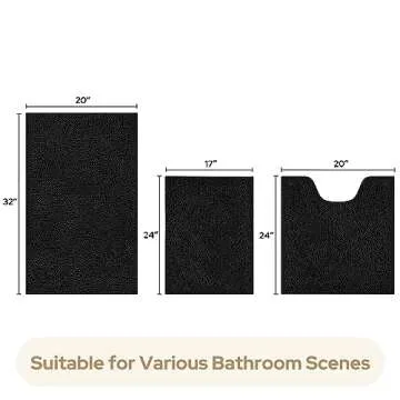 HOMEIDEAS 3 Pieces Bathroom Rugs, Ultra Soft Non Slip Absorbent Chenille Toilet Bath Mat Set (Black)