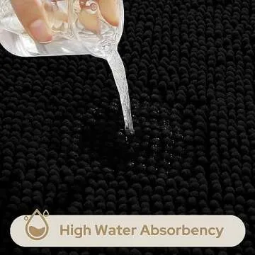 HOMEIDEAS 3 Pieces Bathroom Rugs, Ultra Soft Non Slip Absorbent Chenille Toilet Bath Mat Set (Black)