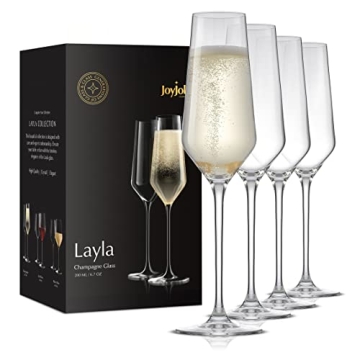 JoyJolt Champagne Glasses Layla Collection - Set of 4 Elegant Crystal Stemmed Flutes for Every Occas...