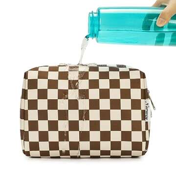 Narwey Checkered Makeup Bag Travel Cosmetic Bag Organizer Toiletry Bag Make Up Bags with Compartments for Women Girls (Large, Dark Checkerboard)