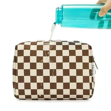 Narwey Checkered Makeup Bag Travel Cosmetic Bag Organizer Toiletry Bag Make Up Bags with Compartments for Women Girls (Large, Dark Checkerboard)